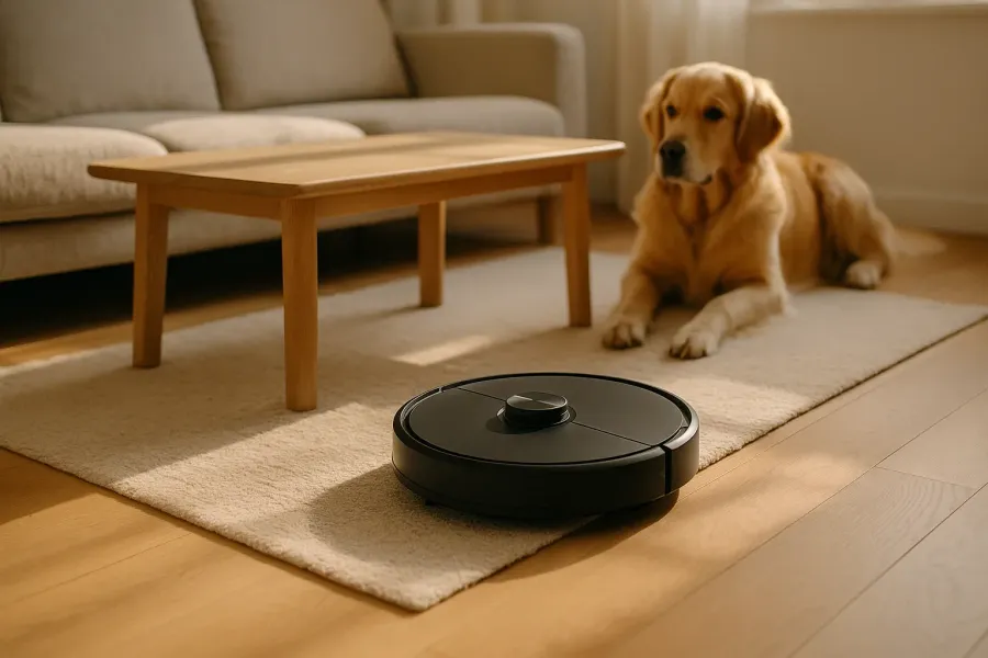 Illustration: en generisk sort robotstøvsuger rengør et lyst tæppe i en skandinavisk stue, mens en golden retriever ser til