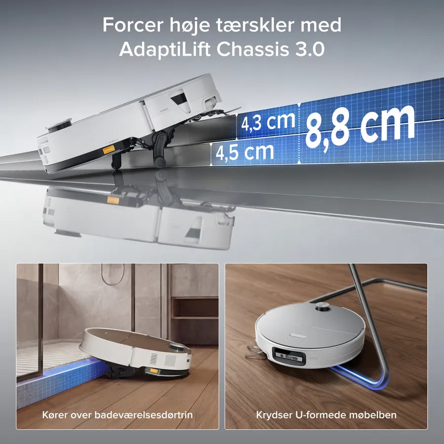 Roborocks egen illustration af robotten, der krydser et dobbelttrin, med de opgivne mål 4,5 og 8,8 cm